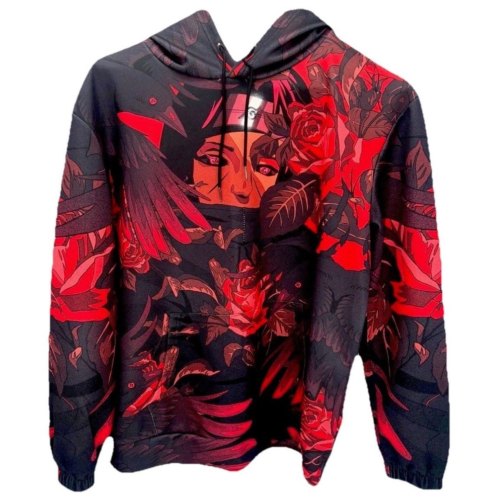 Anime Graphic Print Pullover Light Hoodie Black Red XL Men's Long Sleeve Naruto